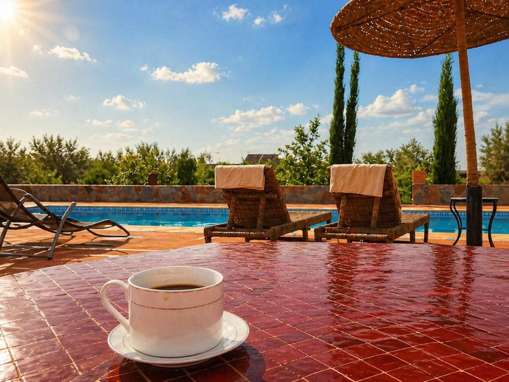 Café servi sur une table en zellige près de la piscine
